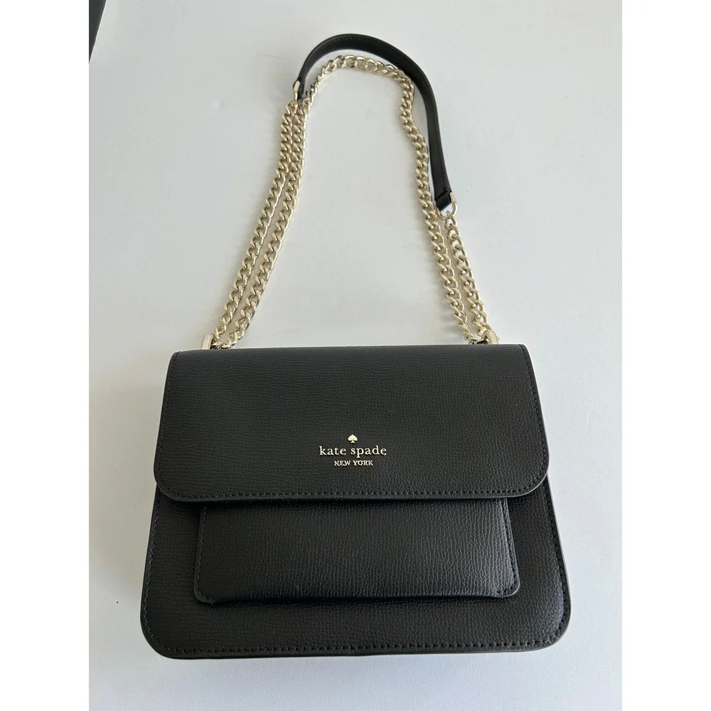 Kate Spade New York Black Pebbled Leather Crossbody Bag Gold Chain Strap